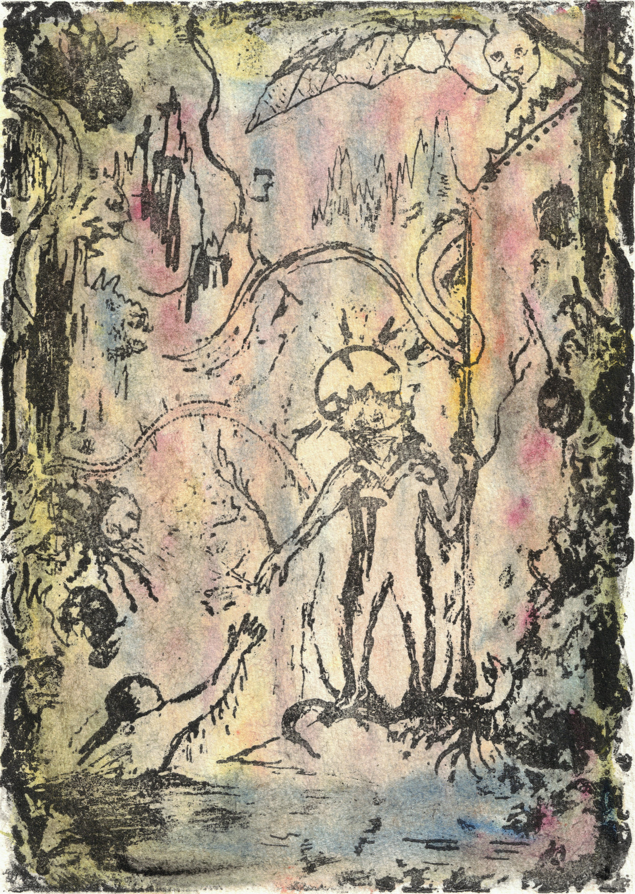 Oliver McConnie, Descent into Hell, relief etching, 20 x 14cm, 2013. Plate mark crop.
