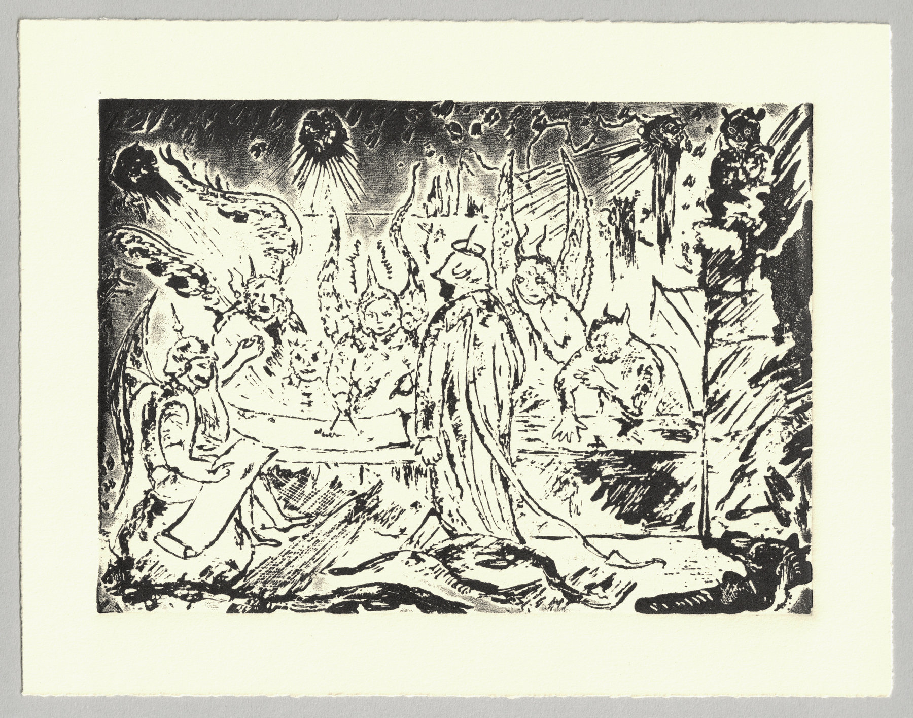 Oliver McConnie, Devil's Council, relief etching, 13 x 18cm, 2013. Full sheet.