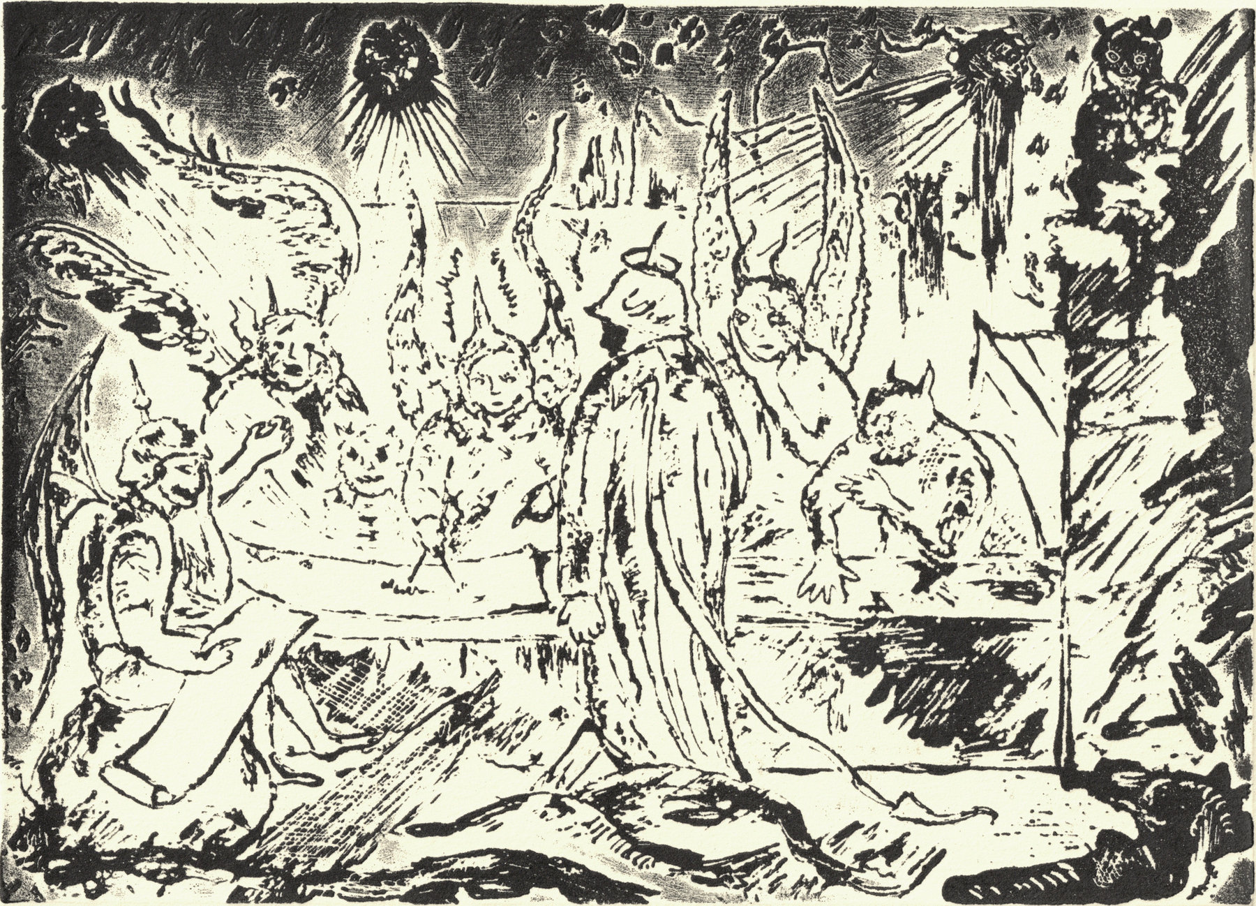Oliver McConnie, Devil's Council, relief etching, 13 x 18cm, 2013. Plate mark crop.