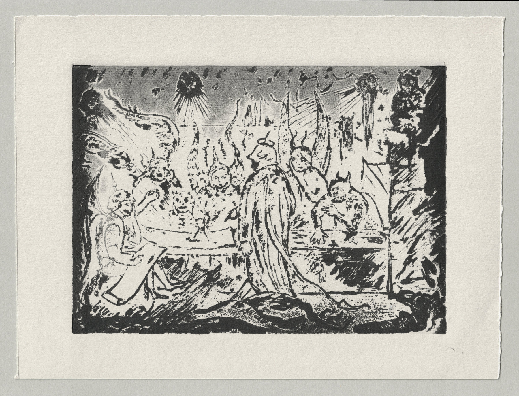 Oliver McConnie, Devil's Council, relief etching, 13 x 18cm, 2013. Full sheet.