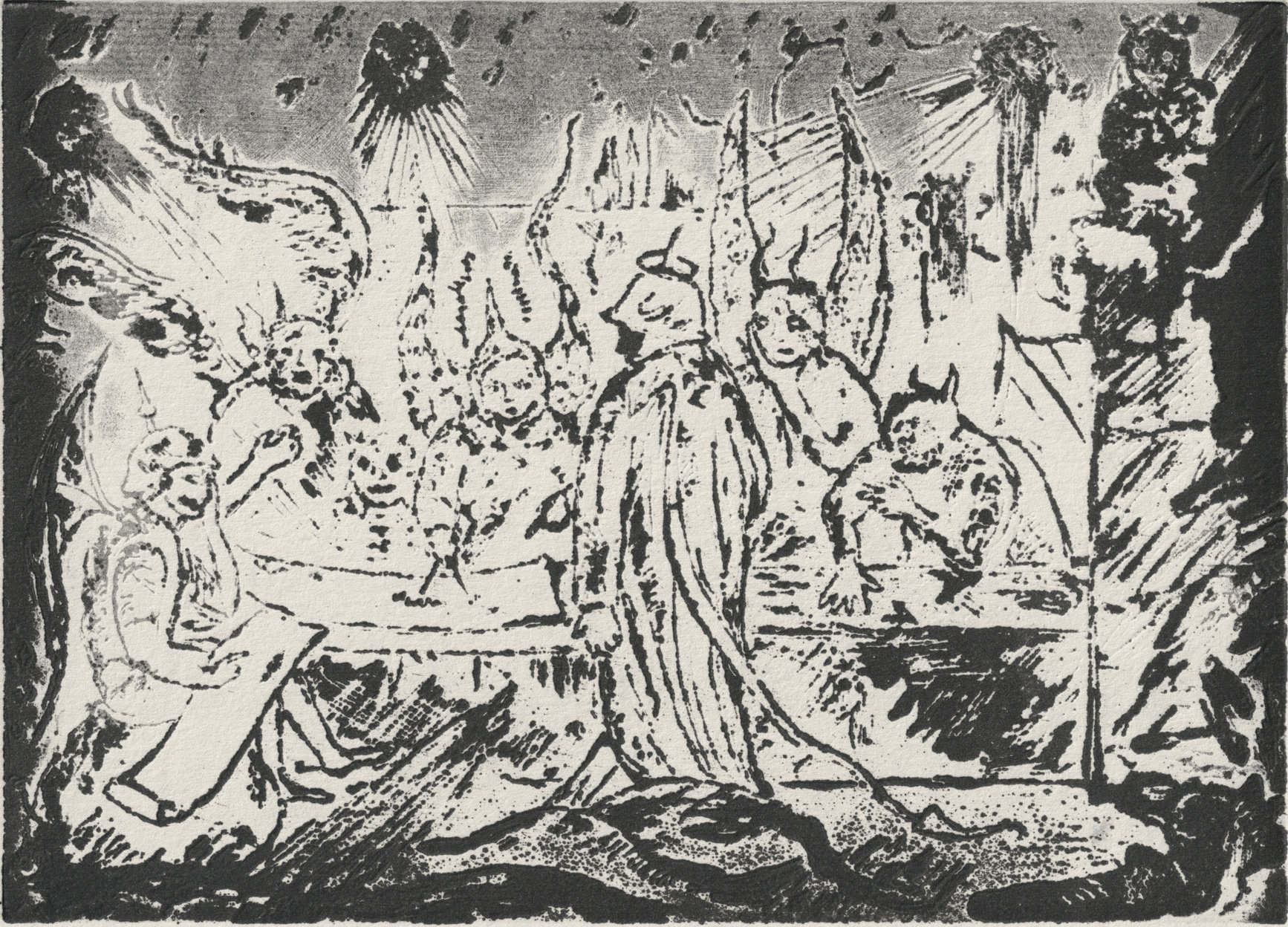 Oliver McConnie, Devil's Council, relief etching, 13 x 18cm, 2013. Plate mark crop.