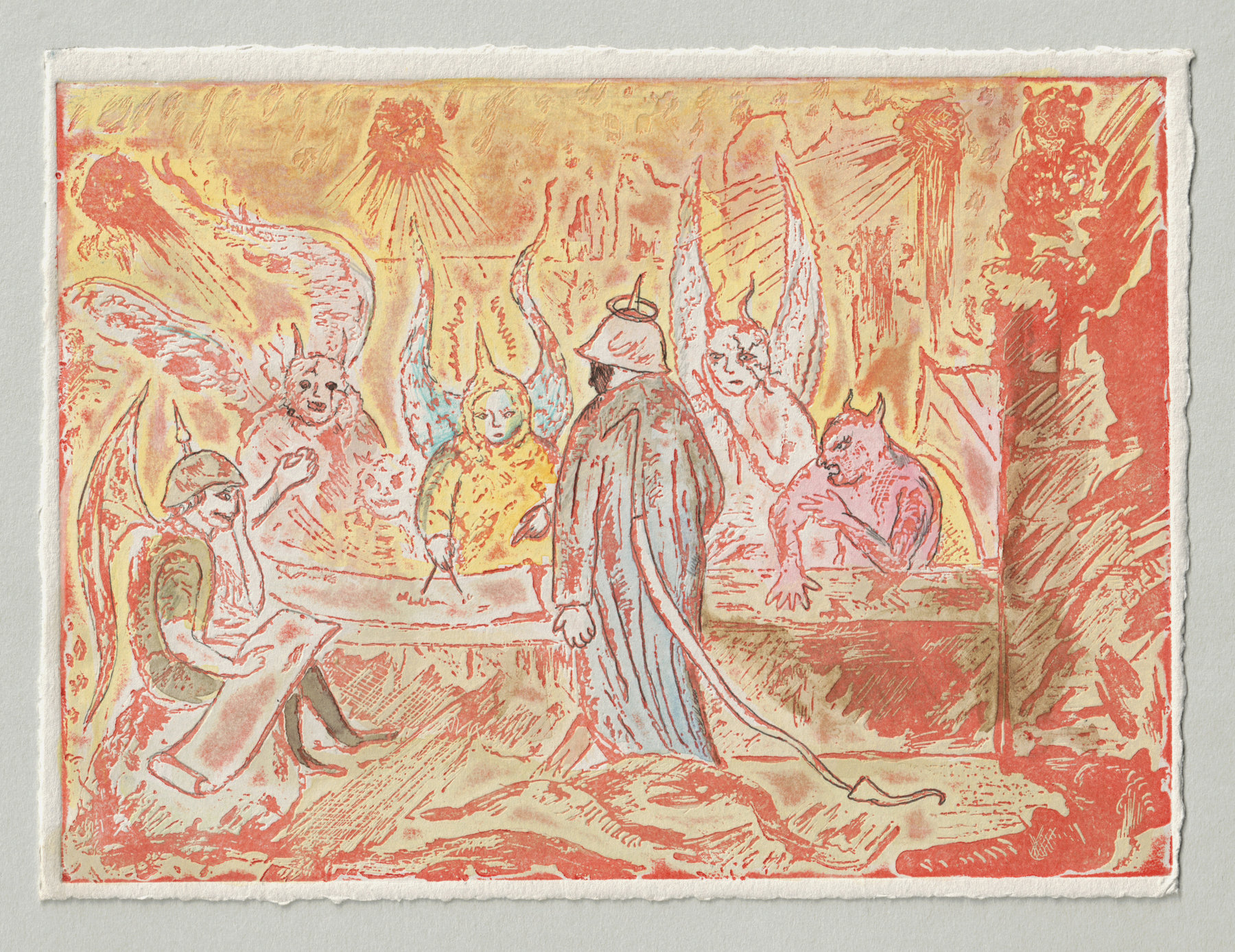 Oliver McConnie, Devil's Council, relief etching, 13 x 18cm, 2013. Hand coloured impression. Full sheet.