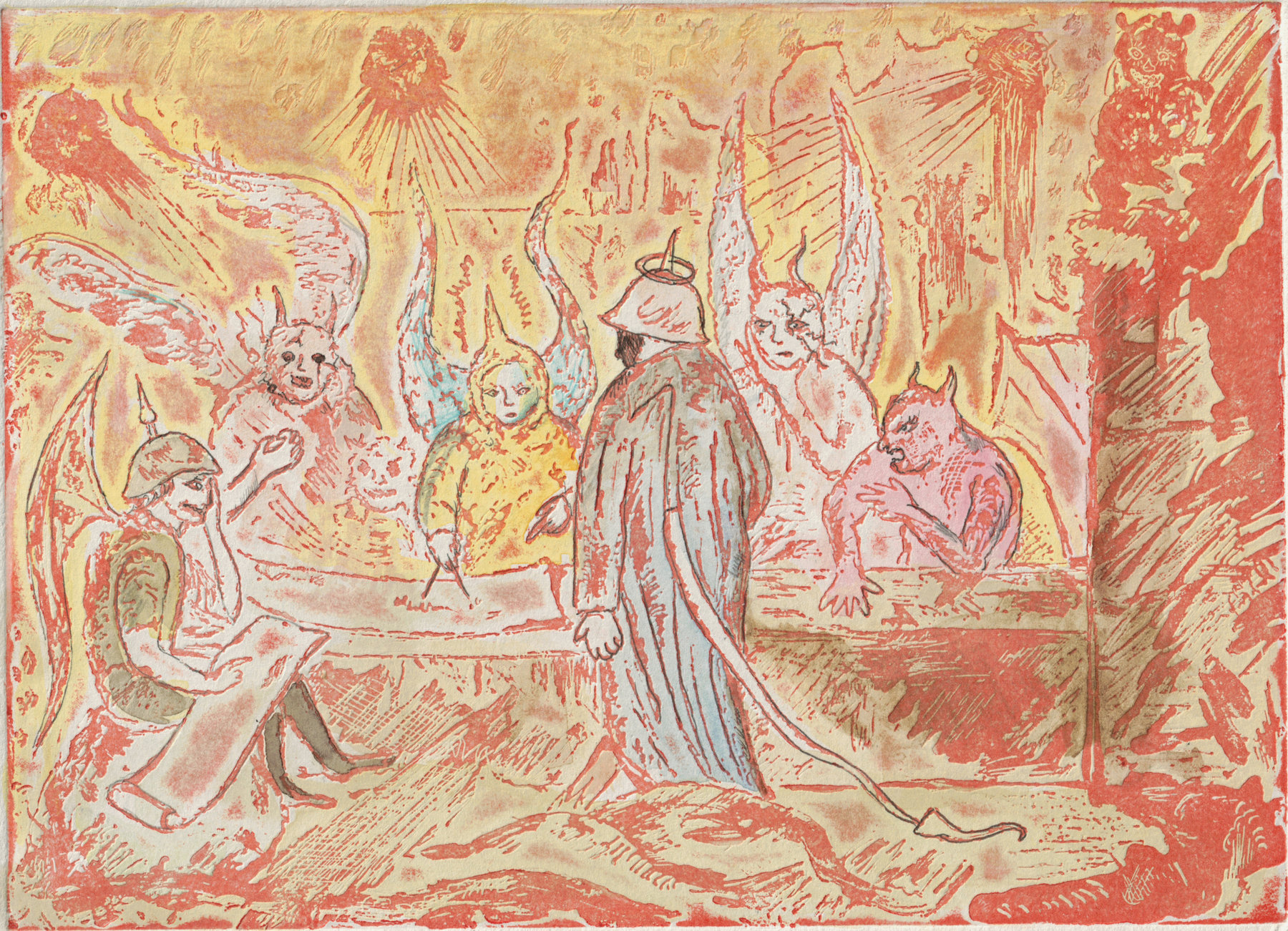Oliver McConnie, Devil's Council, relief etching, 13 x 18cm, 2013. Hand coloured impression. Plate mark crop.