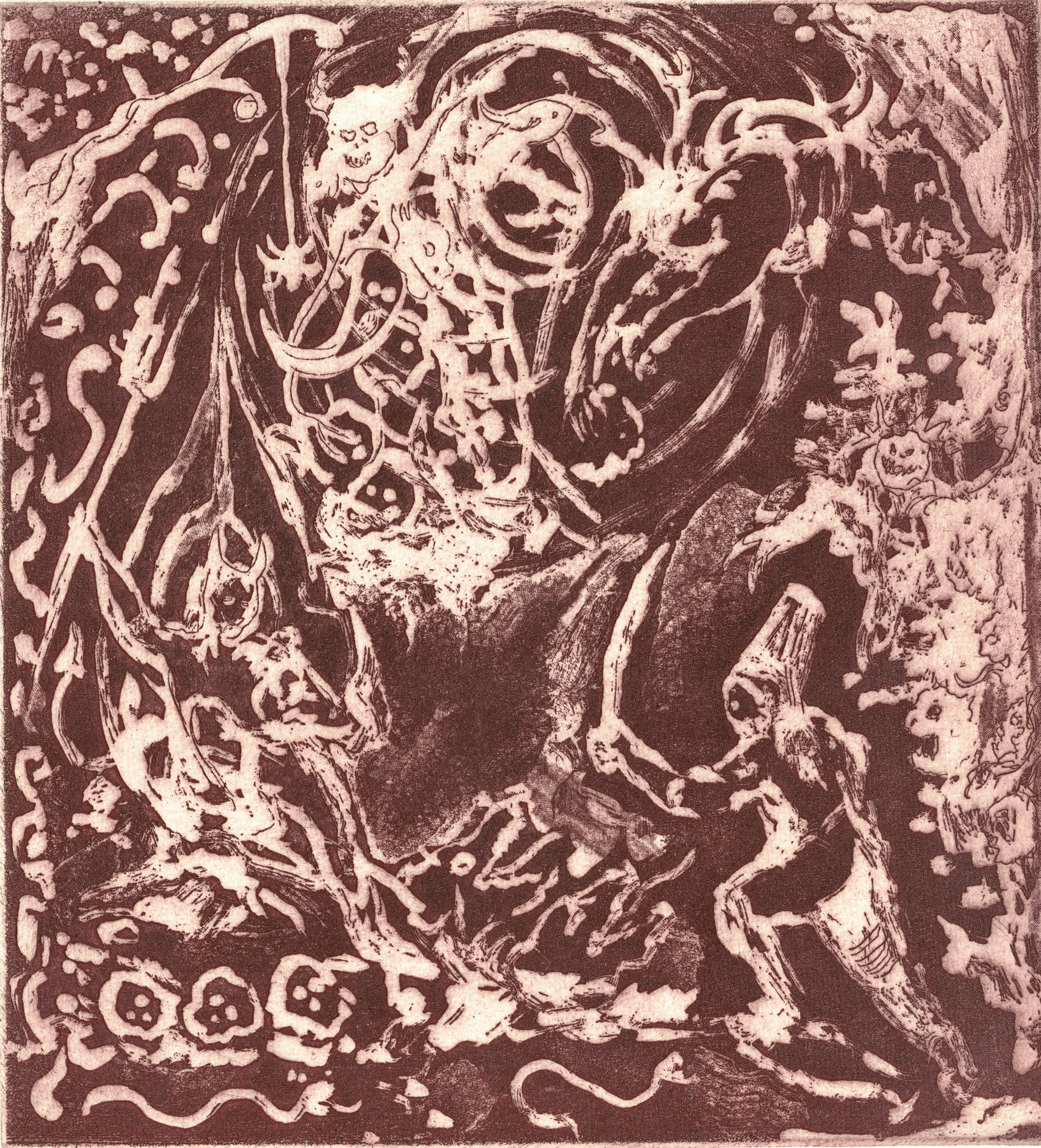 Oliver McConnie, Devils Liar, etching, 23 x 21cm, 2014. Plate mark crop.