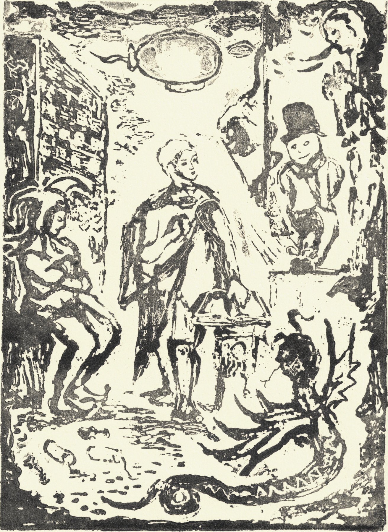 Oliver McConnie, Duped, relief etching, 17 x 13cm, 2014. Plate mark crop.