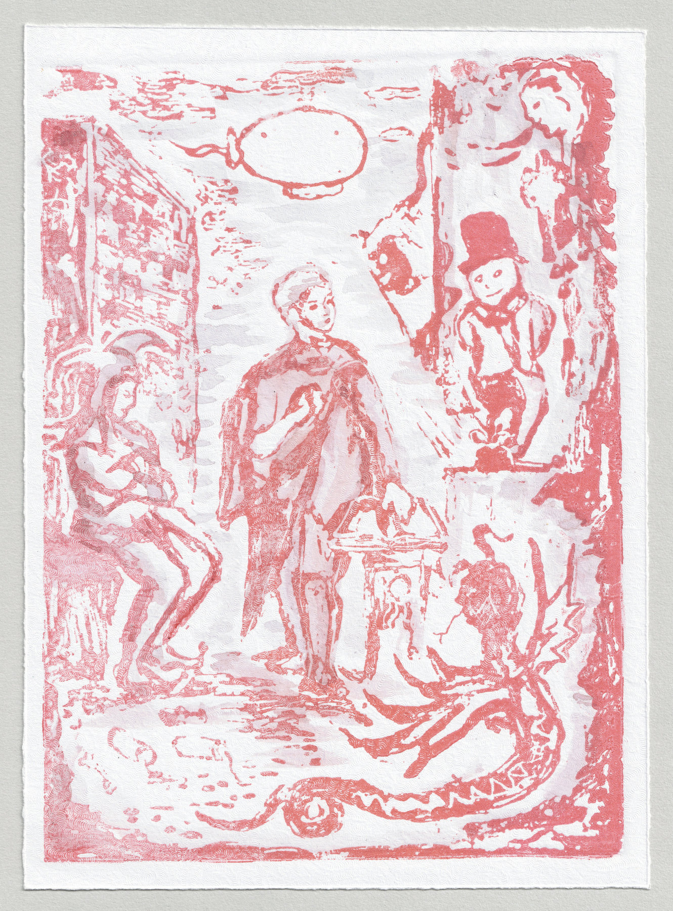 Oliver McConnie, Duped, relief etching, 17 x 13cm, 2014. Full sheet.