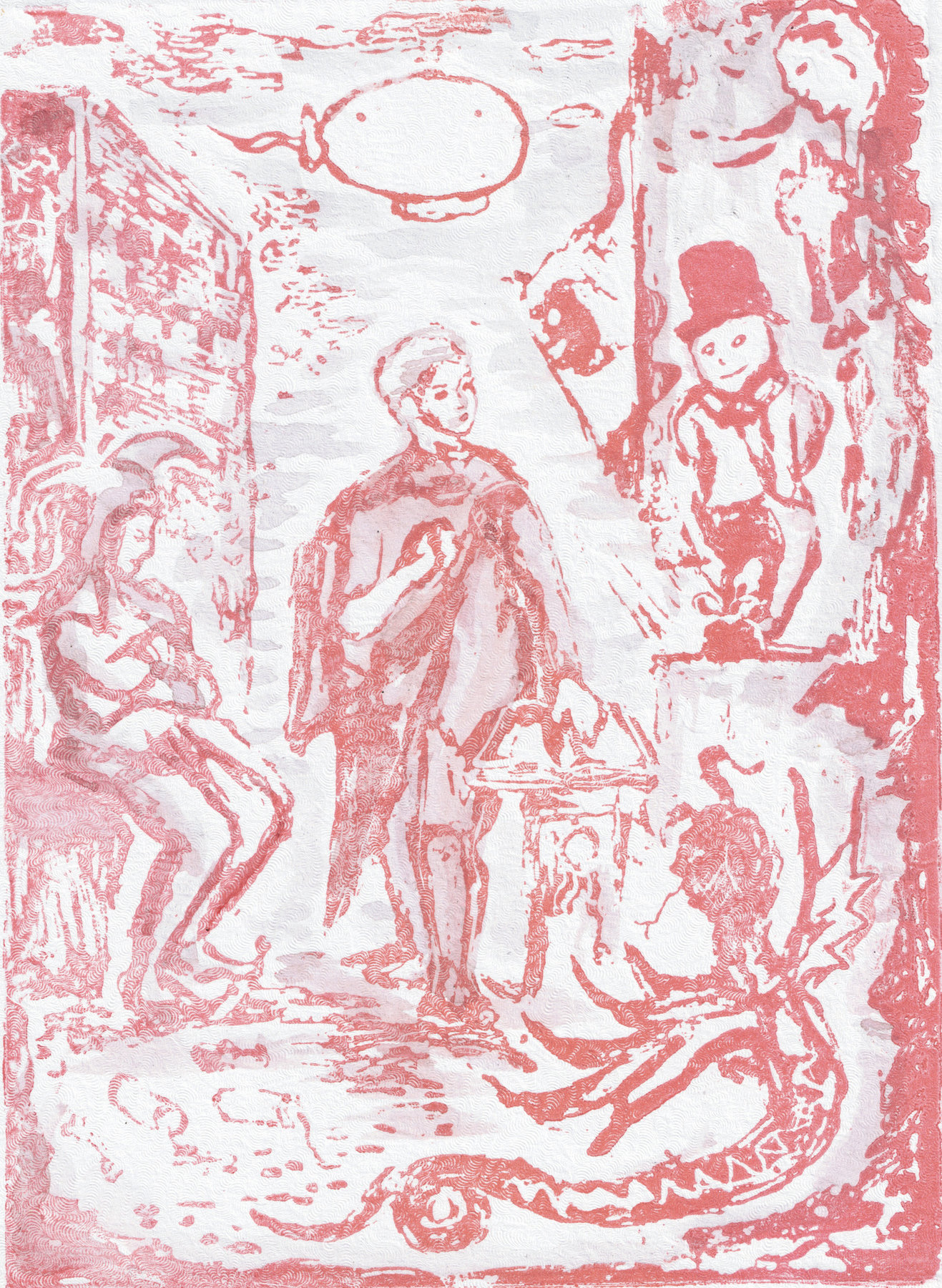 Oliver McConnie, Duped, relief etching, 17 x 13cm, 2014. Plate mark crop.