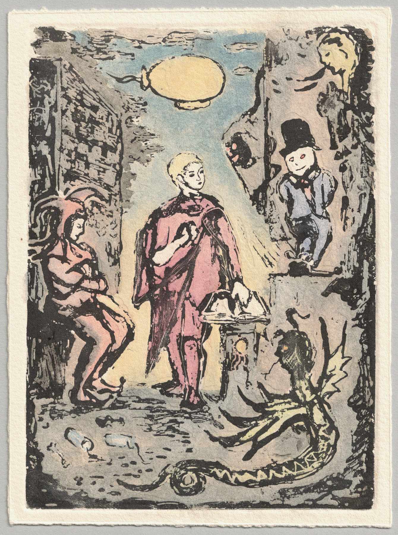 Oliver McConnie, Duped, relief etching, 17 x 13cm, 2014. Hand-coloured impression. Full sheet.