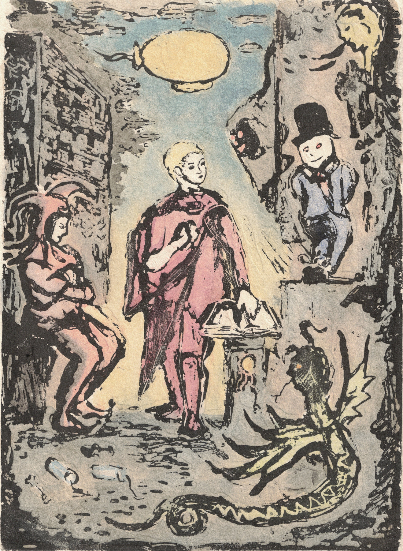 Oliver McConnie, Duped, relief etching, 17 x 13cm, 2014. Hand-coloured impression. Plate mark crop.