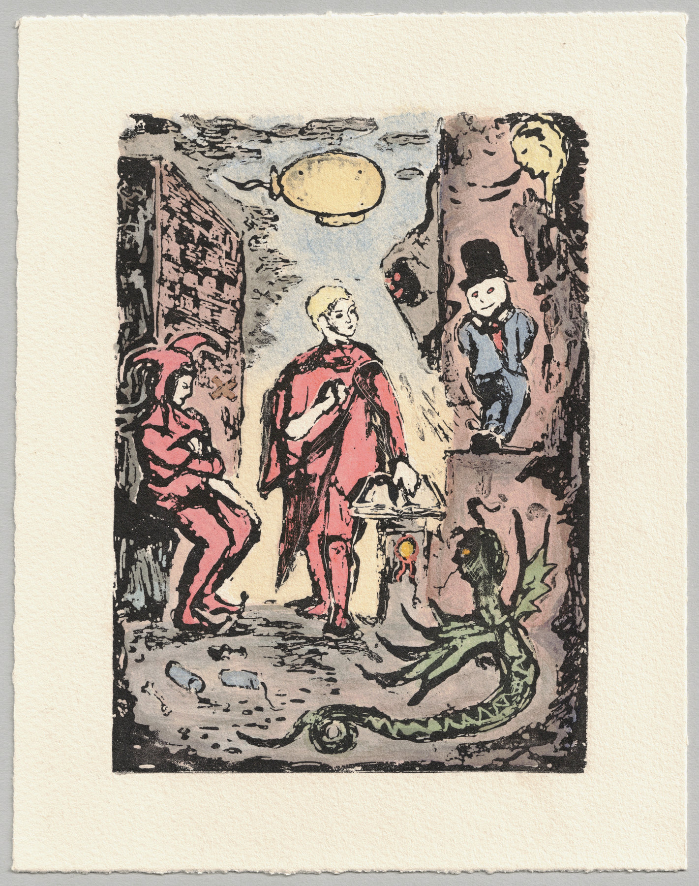 Oliver McConnie, Duped, relief etching, 17 x 13cm, 2014. Hand-coloured impression. Full sheet.