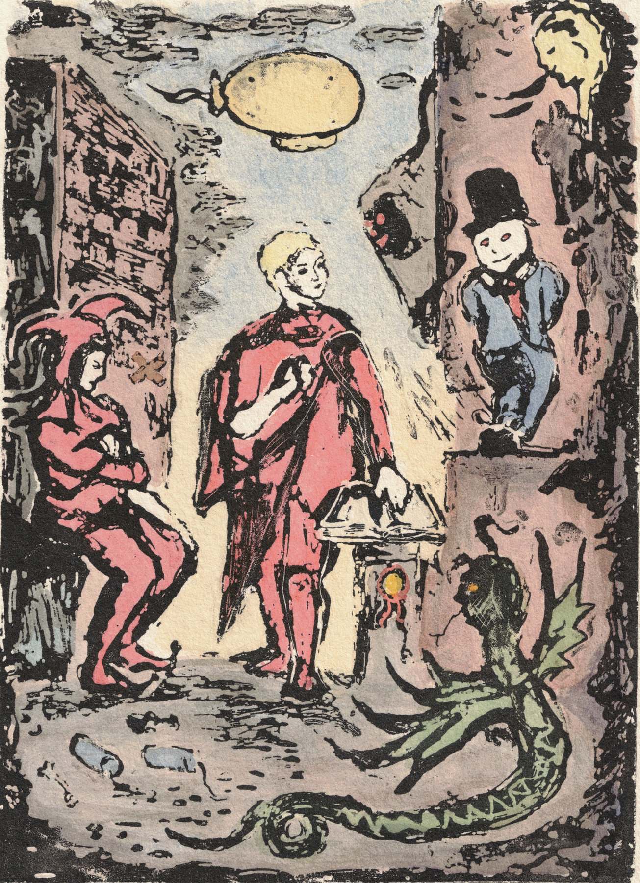 Oliver McConnie, Duped, relief etching, 17 x 13cm, 2014. Hand-coloured impression. Plate mark crop.