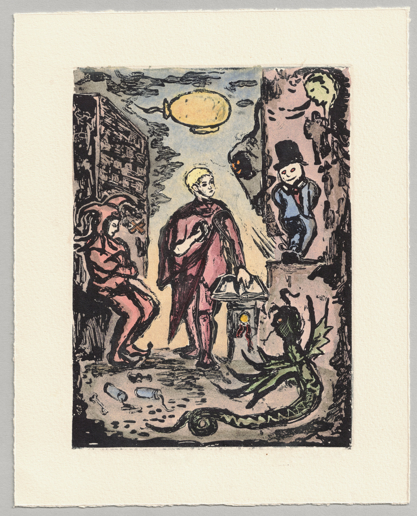 Oliver McConnie, Duped, relief etching, 17 x 13cm, 2014. Hand-coloured impression. Full sheet.