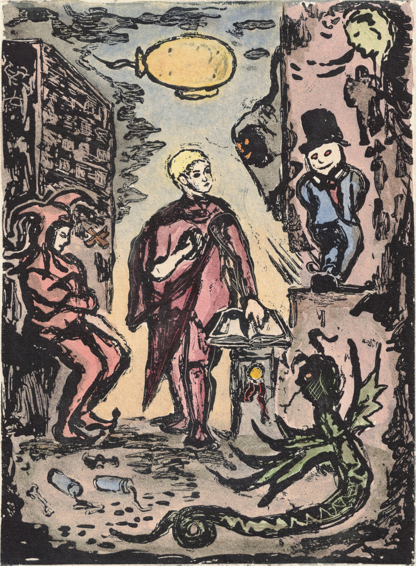 Oliver McConnie, Duped, relief etching, 17 x 13cm, 2014. Hand-coloured impression. Plate mark crop.