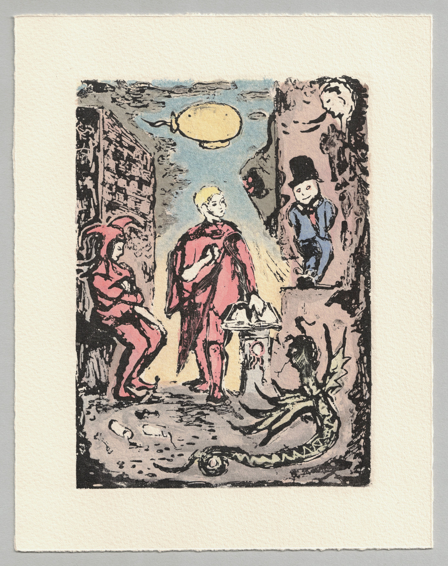 Oliver McConnie, Duped, relief etching, 17 x 13cm, 2014. Hand-coloured impression. Full sheet.