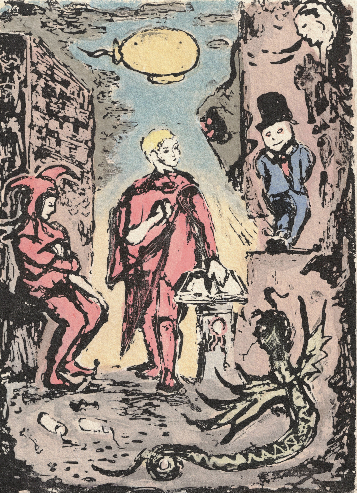 Oliver McConnie, Duped, relief etching, 17 x 13cm, 2014. Hand-coloured impression. Plate mark crop.