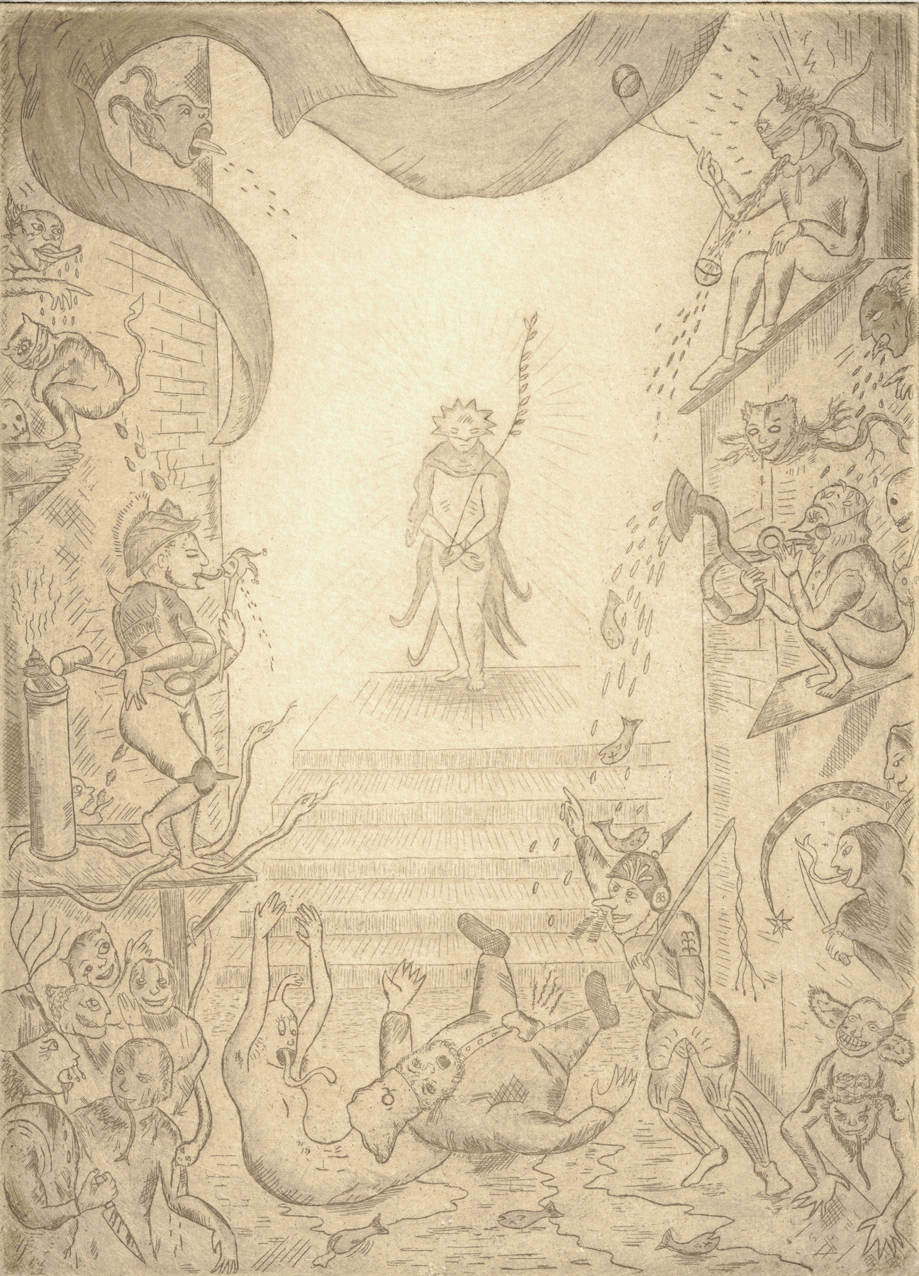 Oliver McConnie, Ecco Homo, etching, 24 x 18cm, 2012. Plate mark crop.