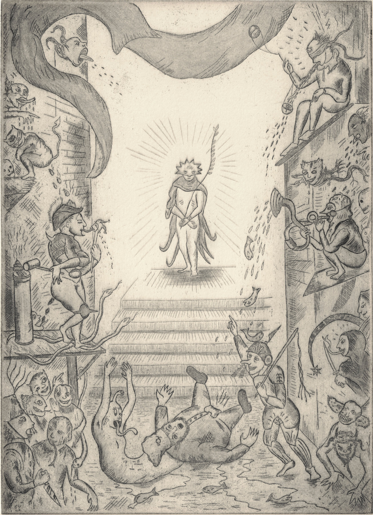 Oliver McConnie, Ecco Homo, etching, 24 x 18cm, 2012. Plate mark crop.