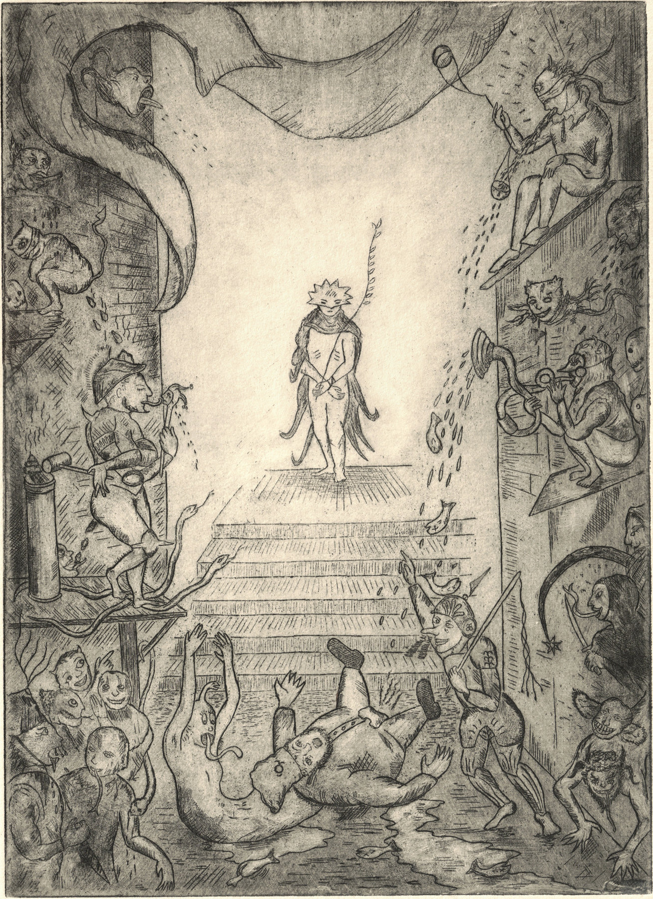 Oliver McConnie, Ecco Homo, etching, 24 x 18cm, 2012. Plate mark crop.