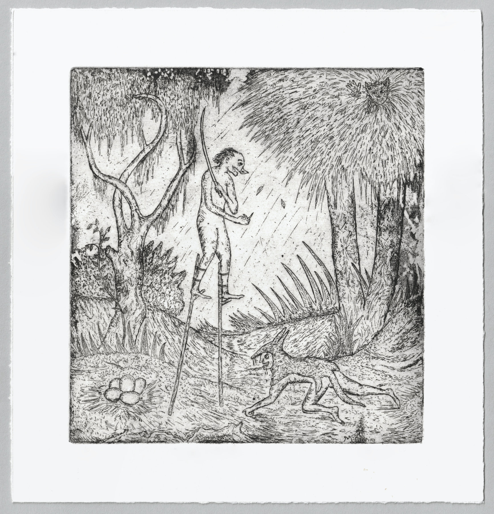 Oliver McConnie, Hoodwinked, etching, 17 x 16cm, 2008. Full sheet.