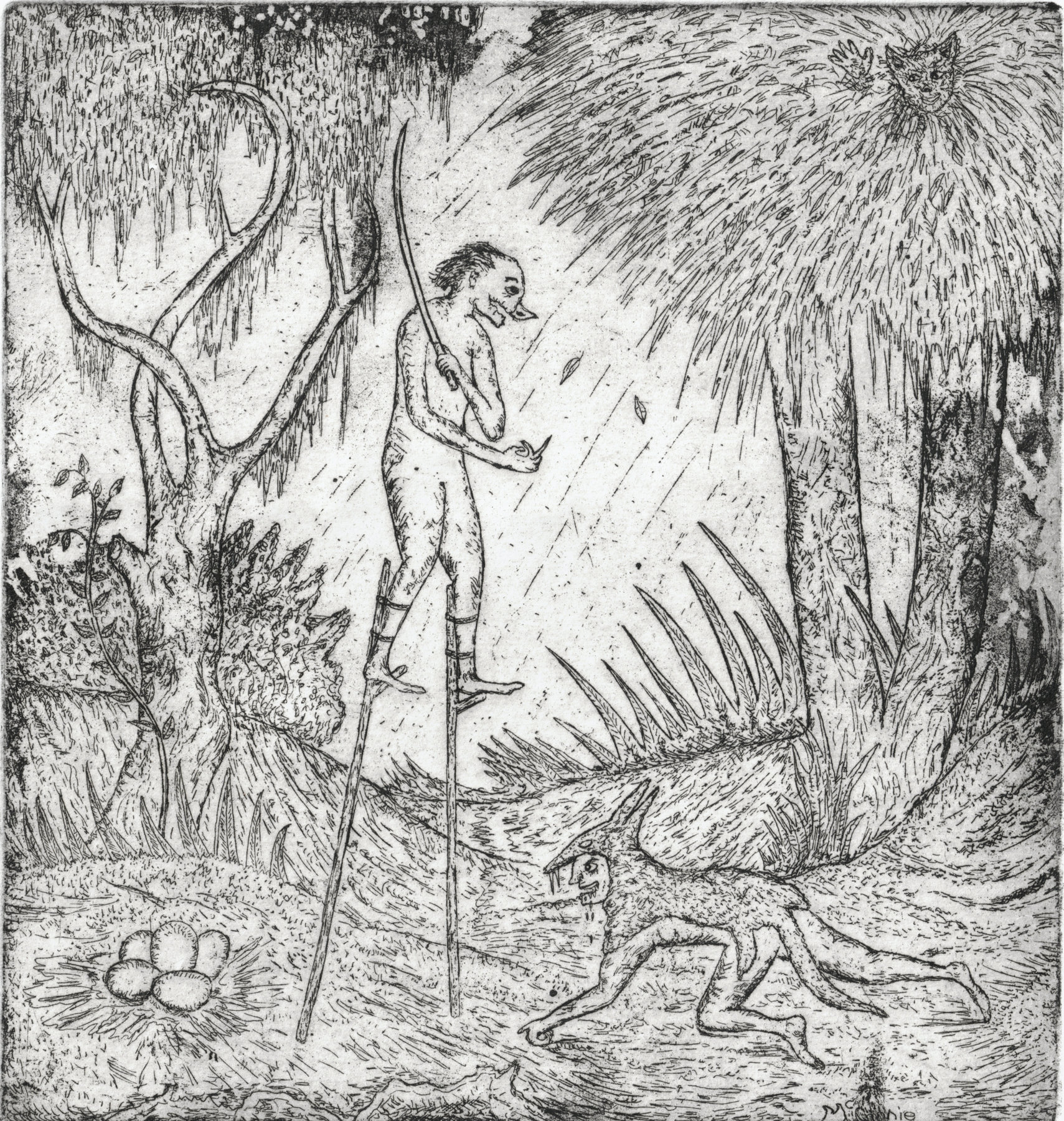 Oliver McConnie, Hoodwinked, etching, 17 x 16cm, 2008. Plate mark crop.