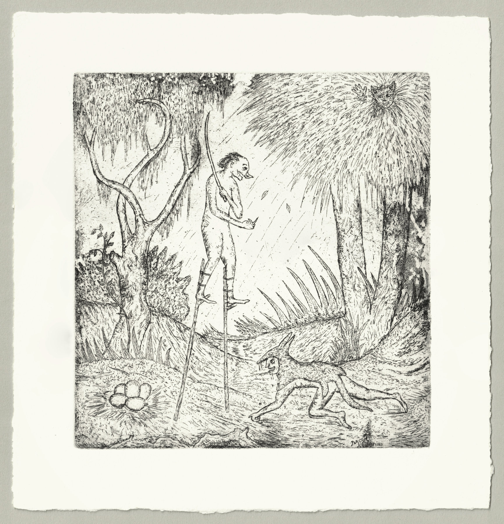 Oliver McConnie, Hoodwinked, etching, 17 x 16cm, 2008. Full sheet.