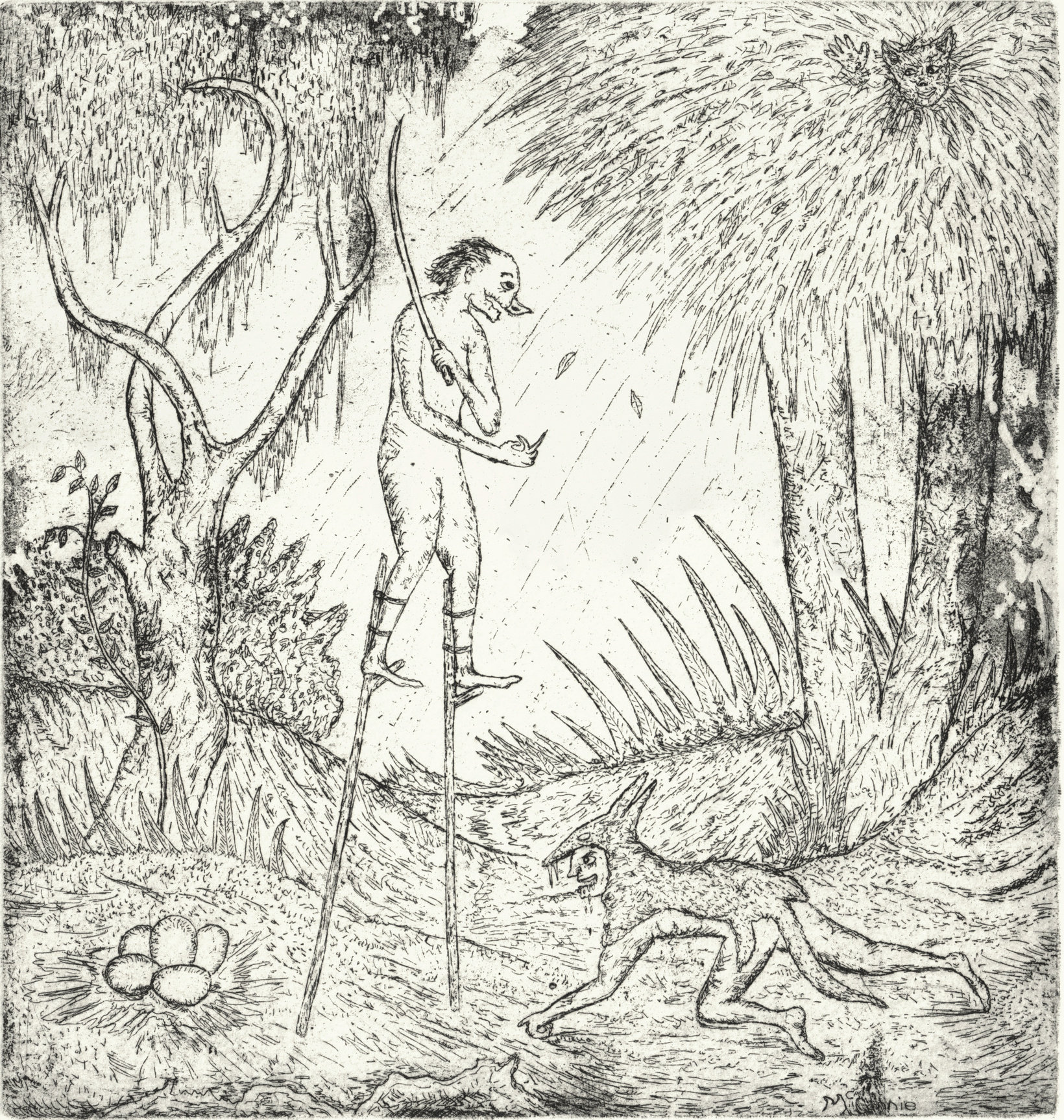 Oliver McConnie, Hoodwinked, etching, 17 x 16cm, 2008. Plate mark crop.