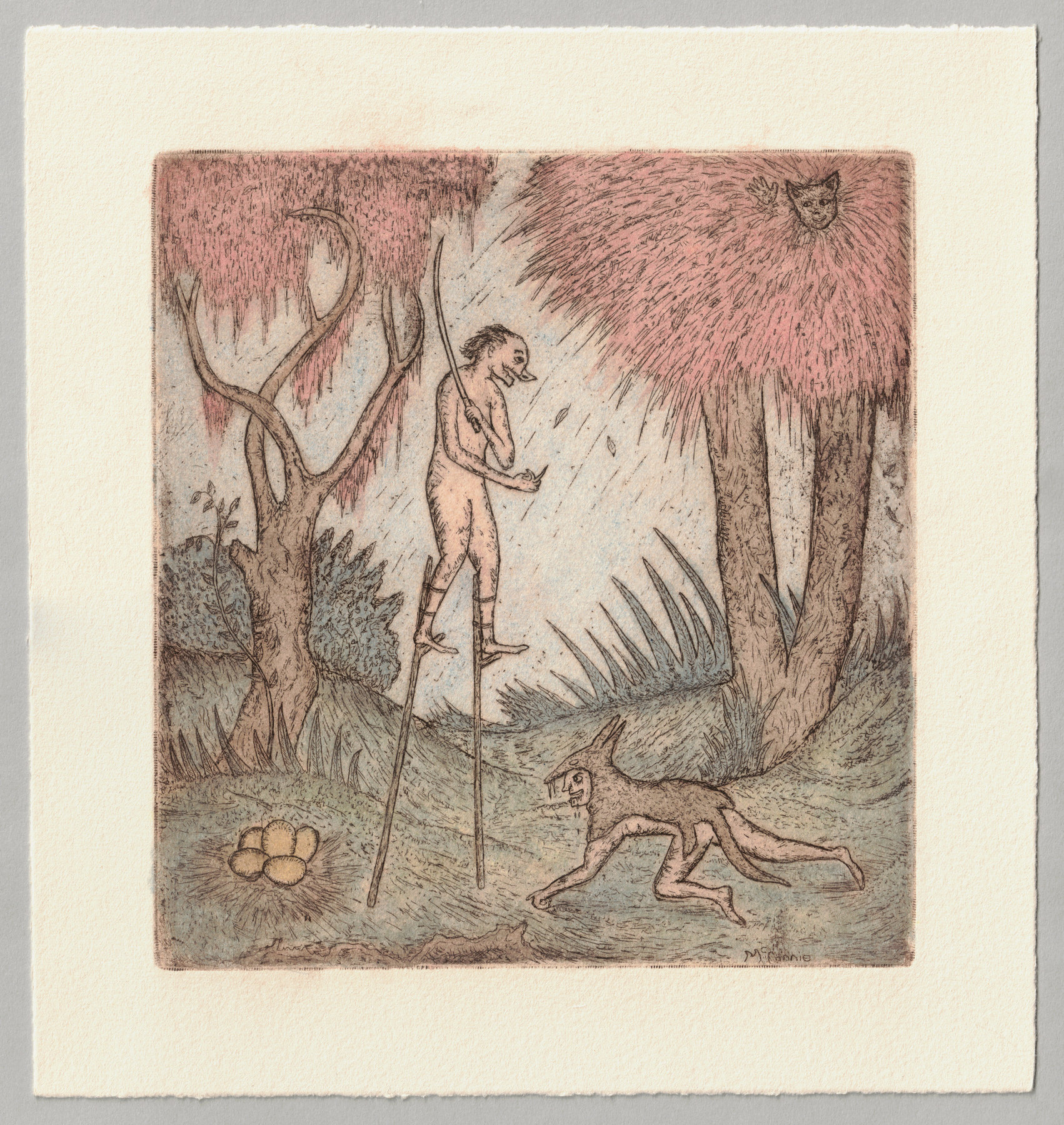 Oliver McConnie, Hoodwinked, etching, 17 x 16cm, 2008. Hand-coloured impression. Full sheet.