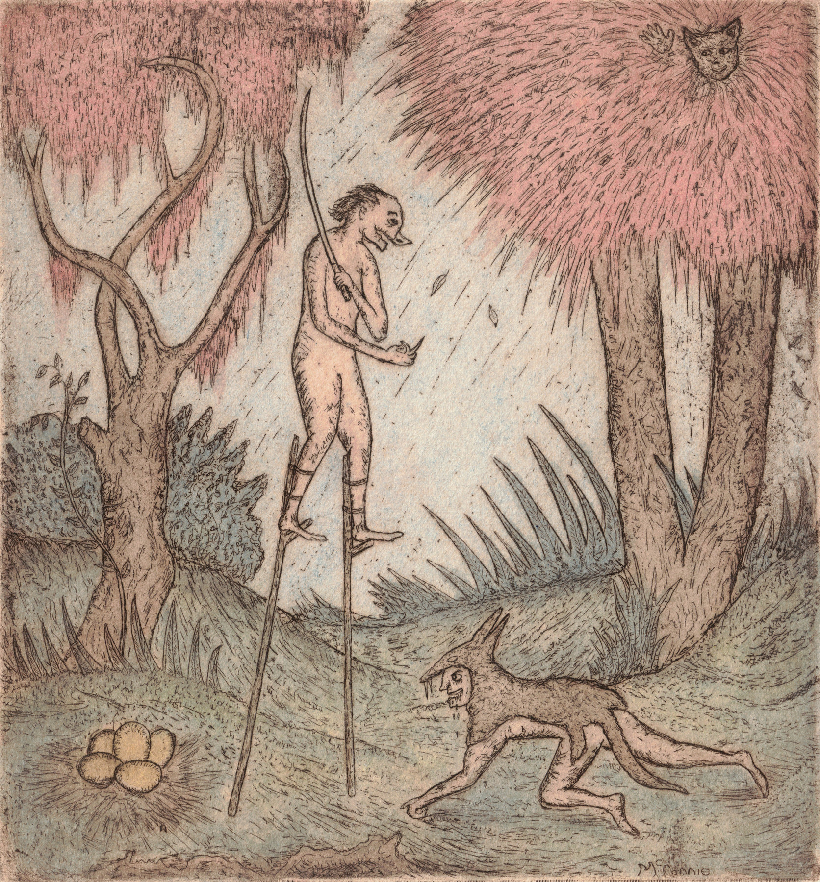 Oliver McConnie, Hoodwinked, etching, 17 x 16cm, 2008. Hand-coloured impression. Plate mark crop.