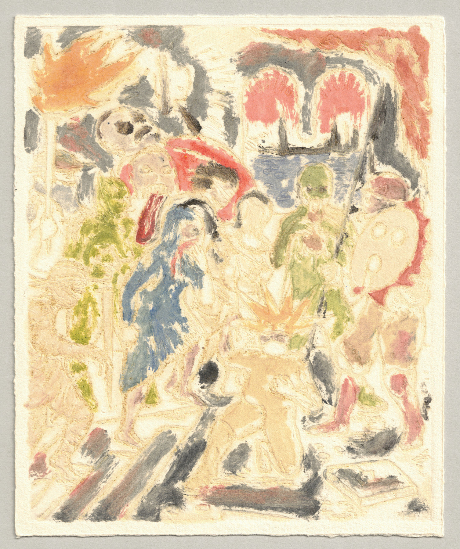 Oliver McConnie, Hungry Ghosts, relief etching, 18 x 15cm, 2015. Full sheet.