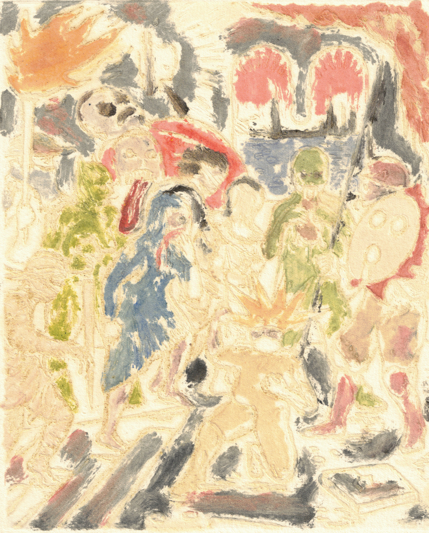 Oliver McConnie, Hungry Ghosts, relief etching, 18 x 15cm, 2015. Plate mark crop.