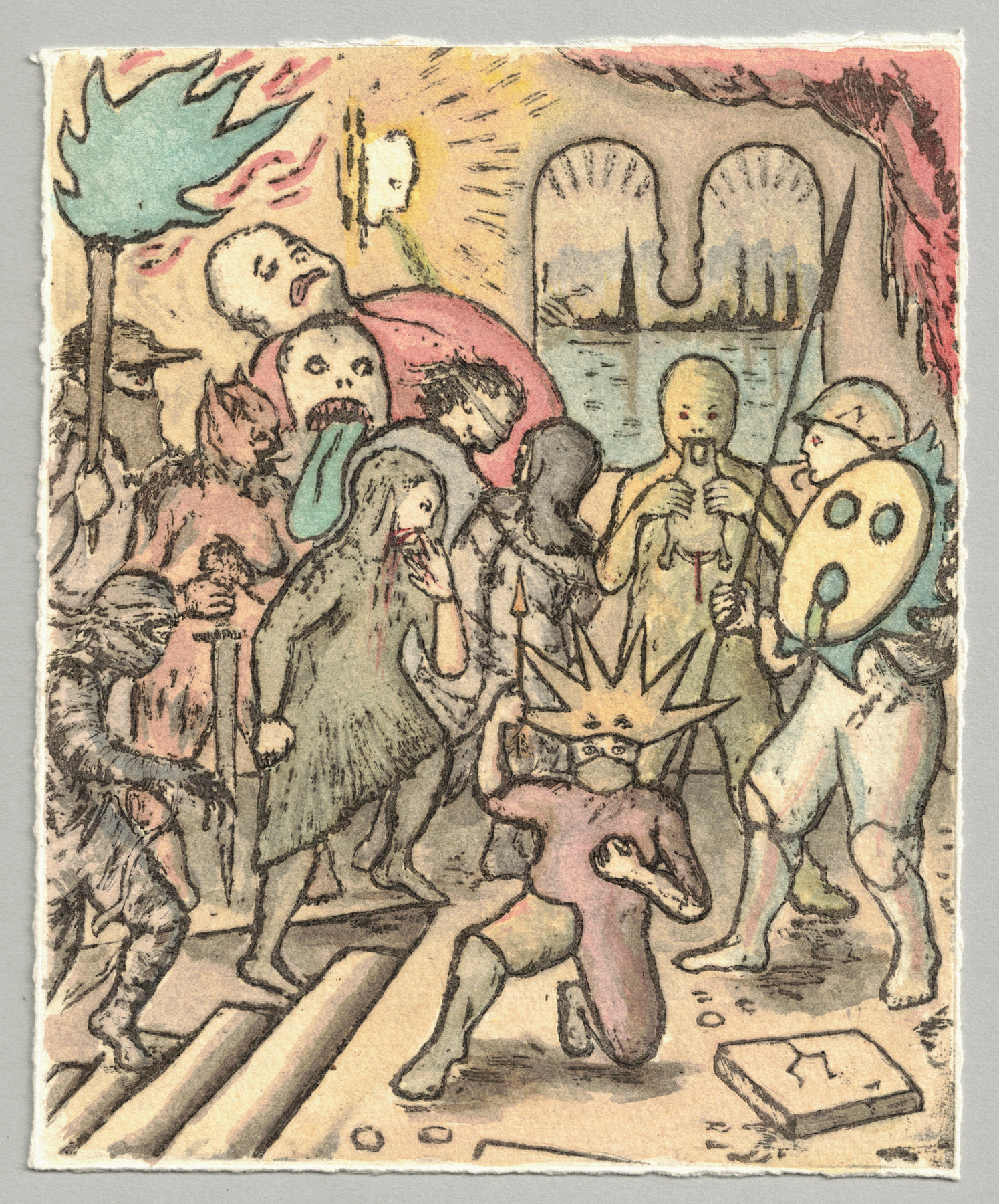 Oliver McConnie, Hungry Ghosts, relief etching, 18 x 15cm, 2015. Full sheet.