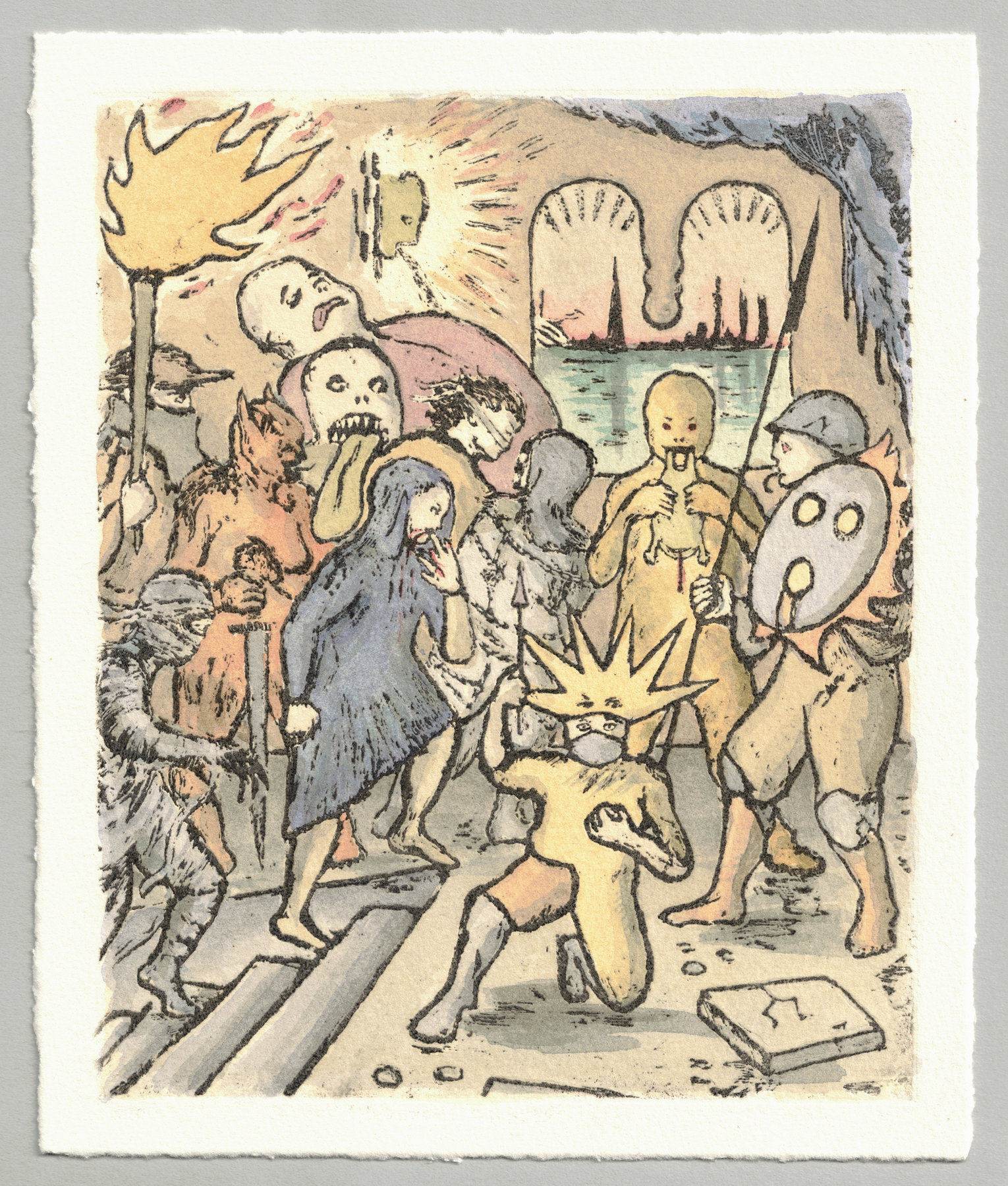 Oliver McConnie, Hungry Ghosts, relief etching, 18 x 15cm, 2015. Full sheet.