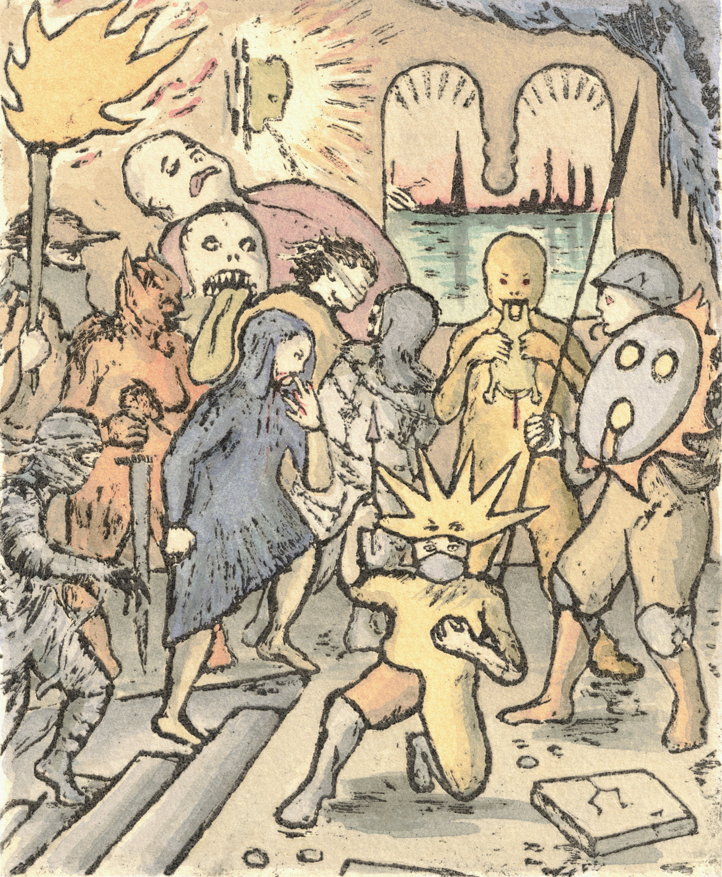 Oliver McConnie, Hungry Ghosts, relief etching, 18 x 15cm, 2015. Plate mark crop.