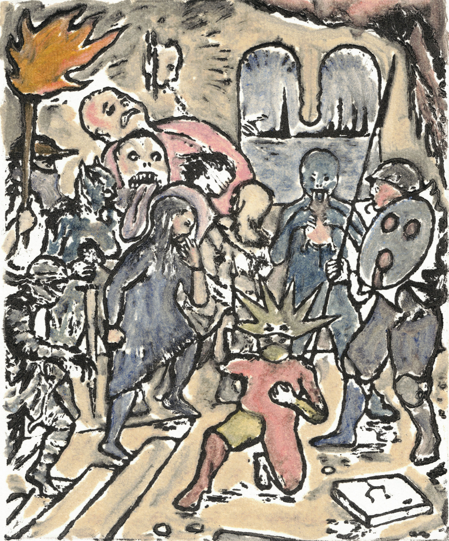 Oliver McConnie, Hungry Ghosts, relief etching, 18 x 15cm, 2015. Plate mark crop.