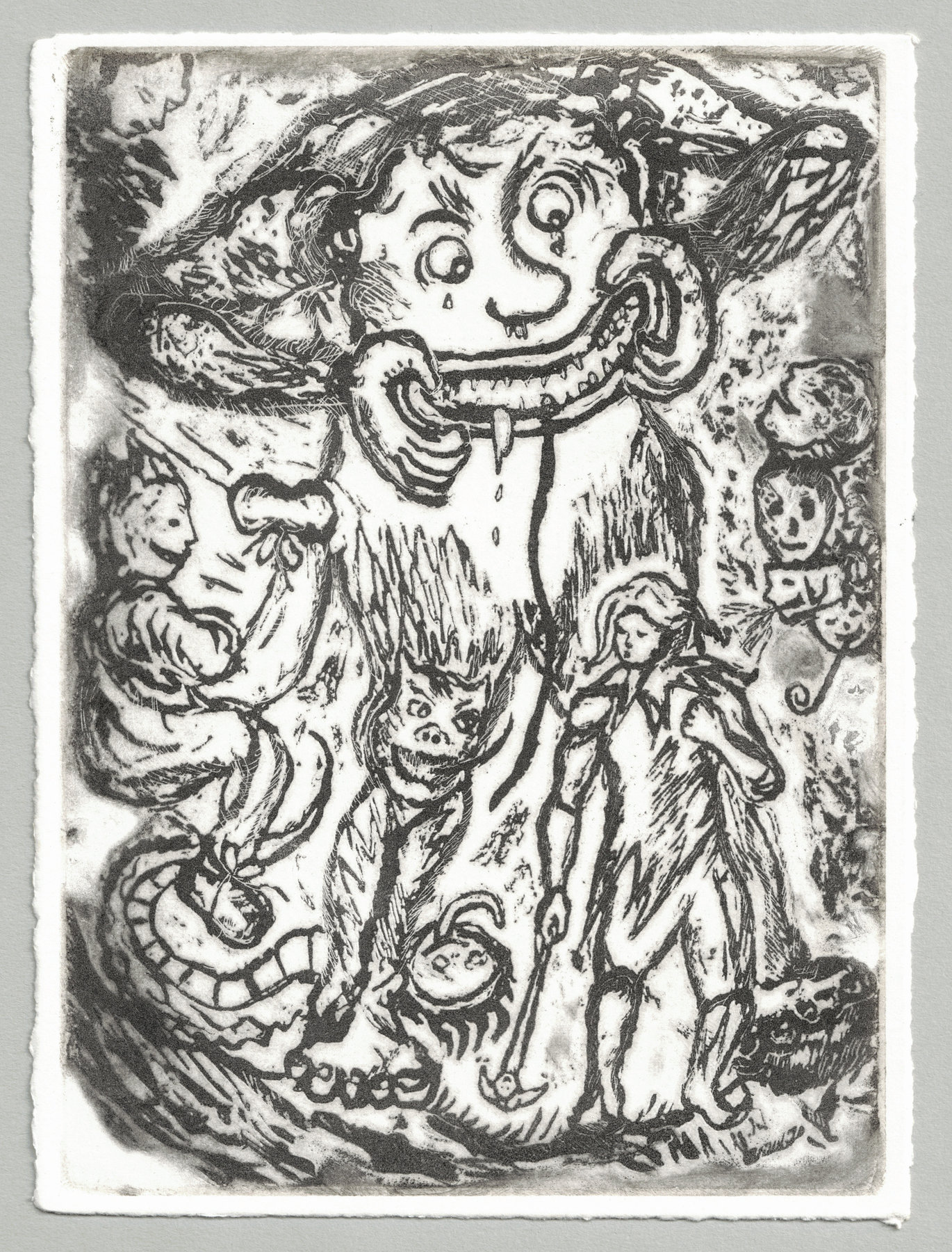Oliver McConnie, Hunky Punk, relief etching, 18 x 13cm, 2015. Full sheet.