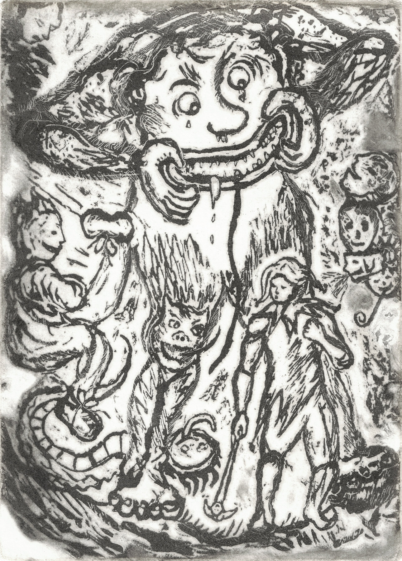 Oliver McConnie, Hunky Punk, relief etching, 18 x 13cm, 2015. Plate mark crop.