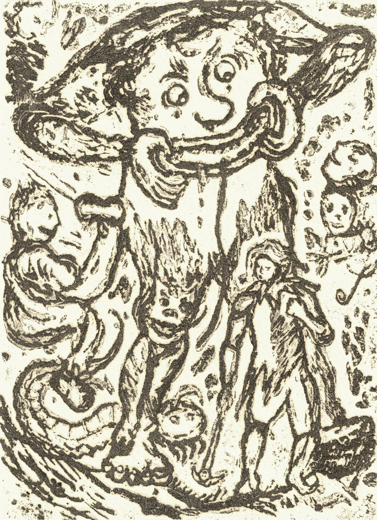 Oliver McConnie, Hunky Punk, relief etching, 18 x 13cm, 2015. Plate mark crop.