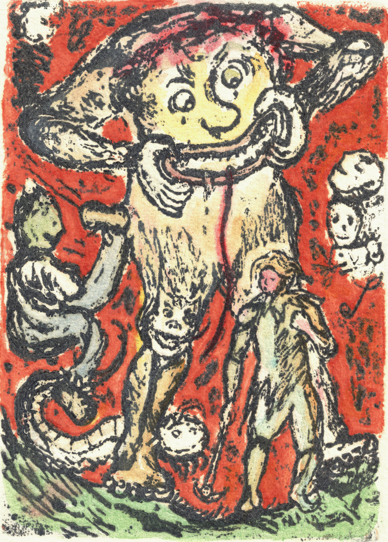 Oliver McConnie, Hunky Punk, relief etching, 18 x 13cm, 2015. Colour proof. Plate mark crop.