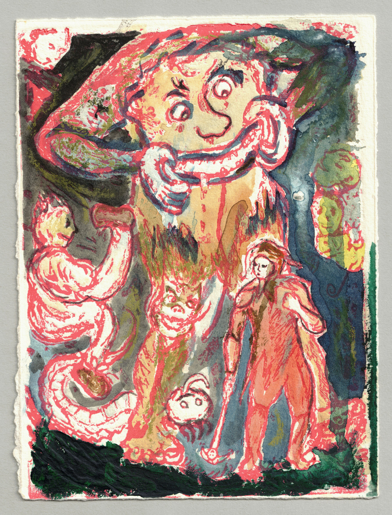 Oliver McConnie, Hunky Punk, relief etching, 18 x 13cm, 2015. Colour proof. Full sheet.