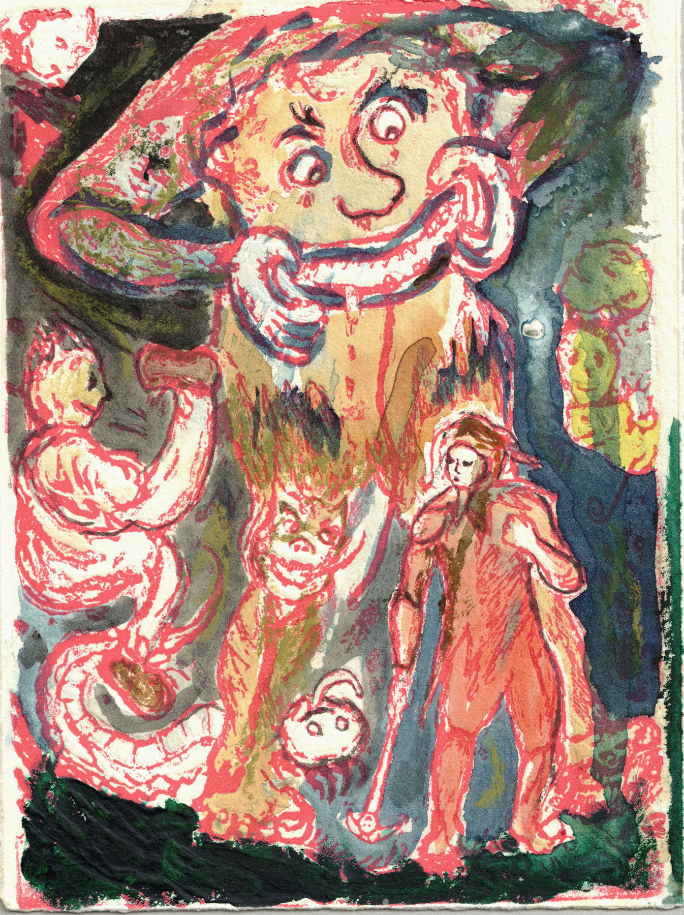 Oliver McConnie, Hunky Punk, relief etching, 18 x 13cm, 2015. Colour proof. Plate mark crop.