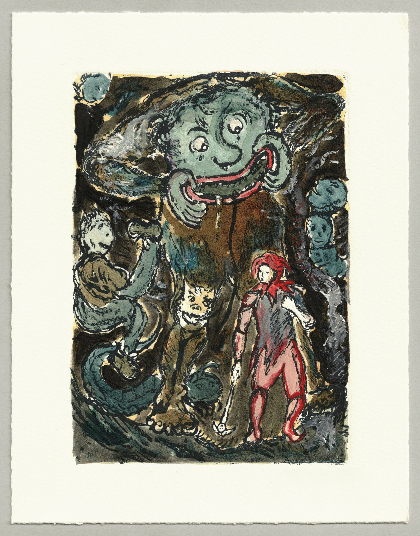 Oliver McConnie, Hunky Punk, relief etching, 18 x 13cm, 2015. Hand-coloured impression. Full sheet.