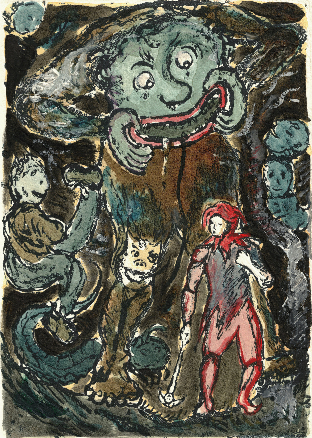 Oliver McConnie, Hunky Punk, relief etching, 18 x 13cm, 2015. Hand-coloured impression. Plate mark crop.