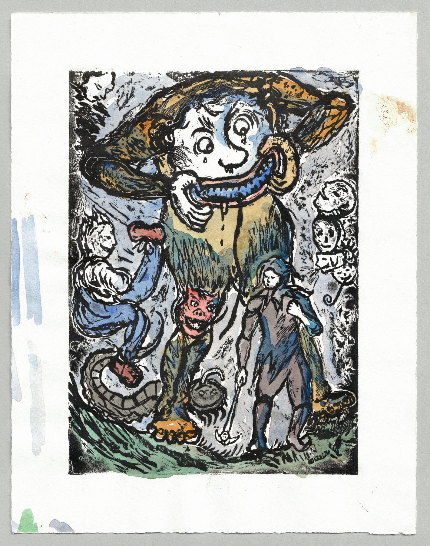 Oliver McConnie, Hunky Punk, relief etching, 18 x 13cm, 2015. Hand-coloured impression. Full sheet.