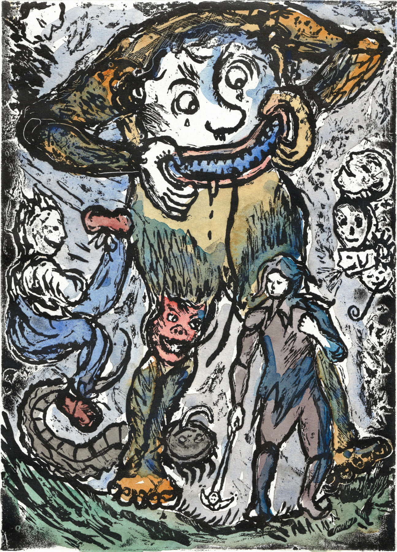 Oliver McConnie, Hunky Punk, relief etching, 18 x 13cm, 2015. Hand-coloured impression. Plate mark crop.