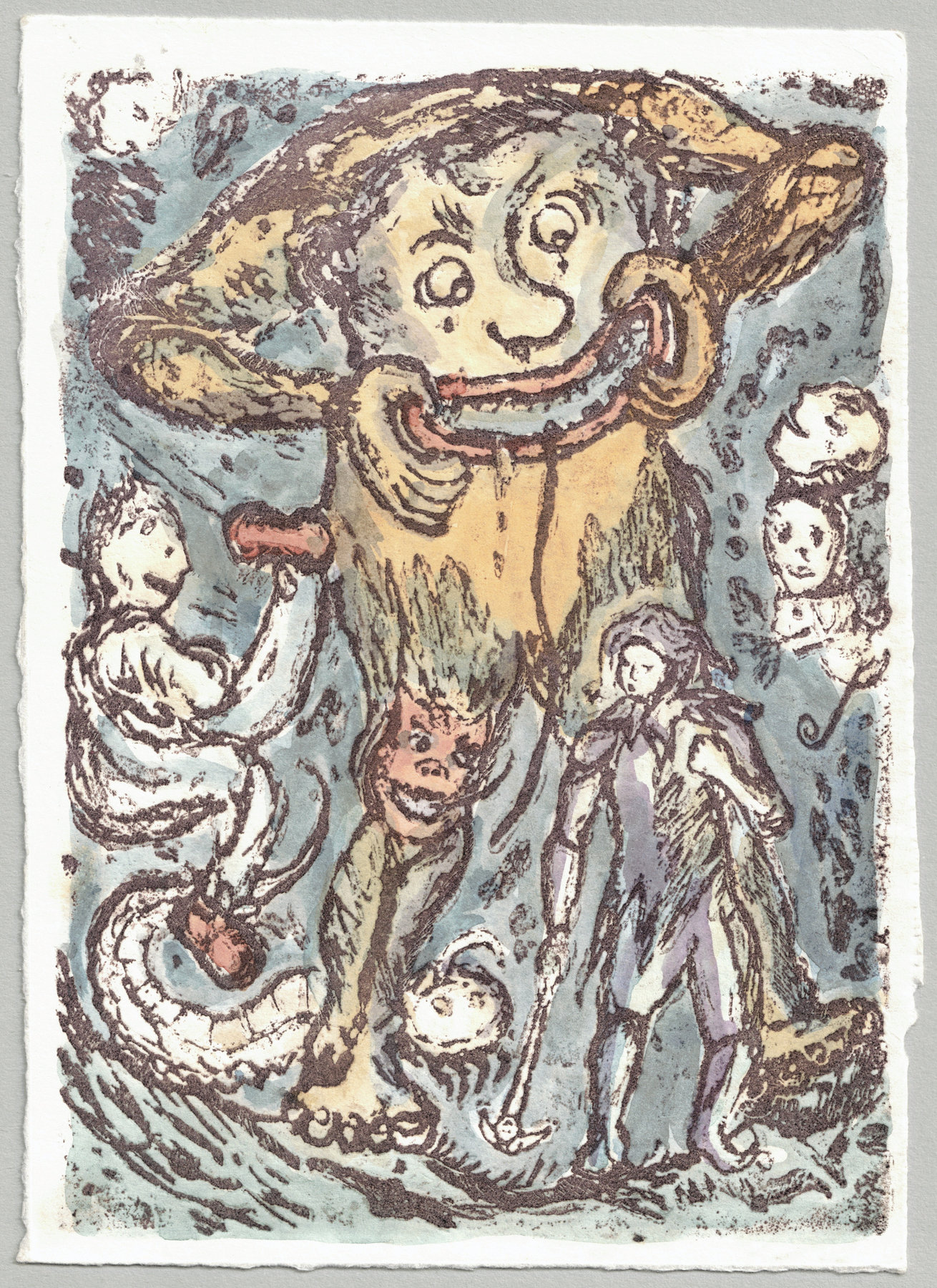 Oliver McConnie, Hunky Punk, relief etching, 18 x 13cm, 2015. Hand-coloured impression. Full sheet.
