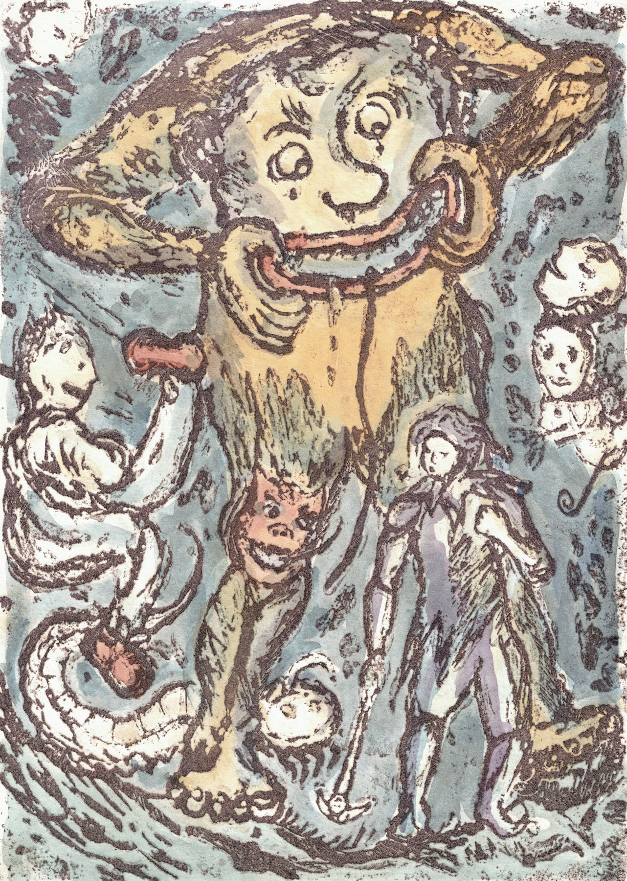 Oliver McConnie, Hunky Punk, relief etching, 18 x 13cm, 2015. Hand-coloured impression. Plate mark crop.