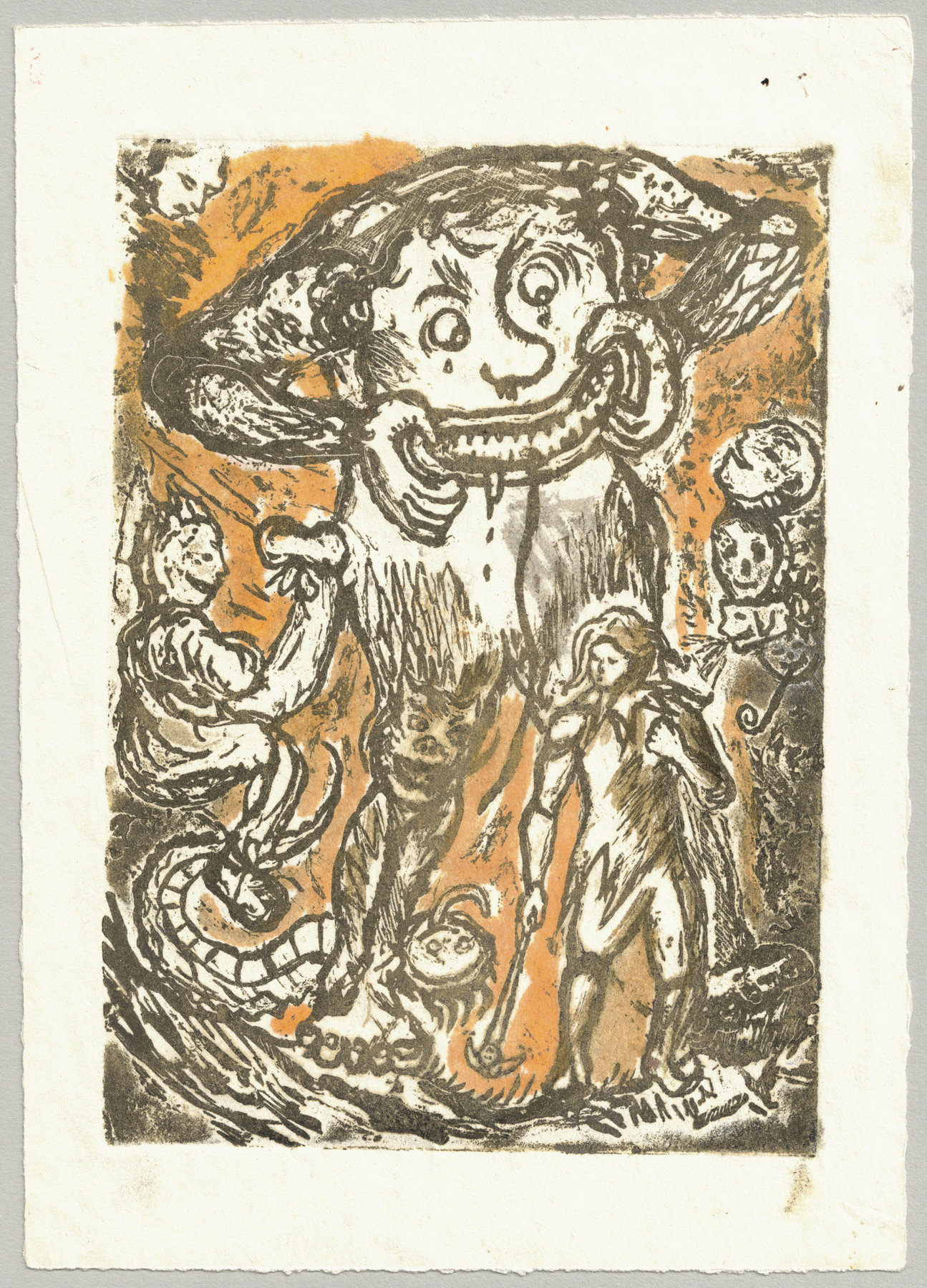 Oliver McConnie, Hunky Punk, relief etching, 18 x 13cm, 2015. Hand-coloured impression. Full sheet.