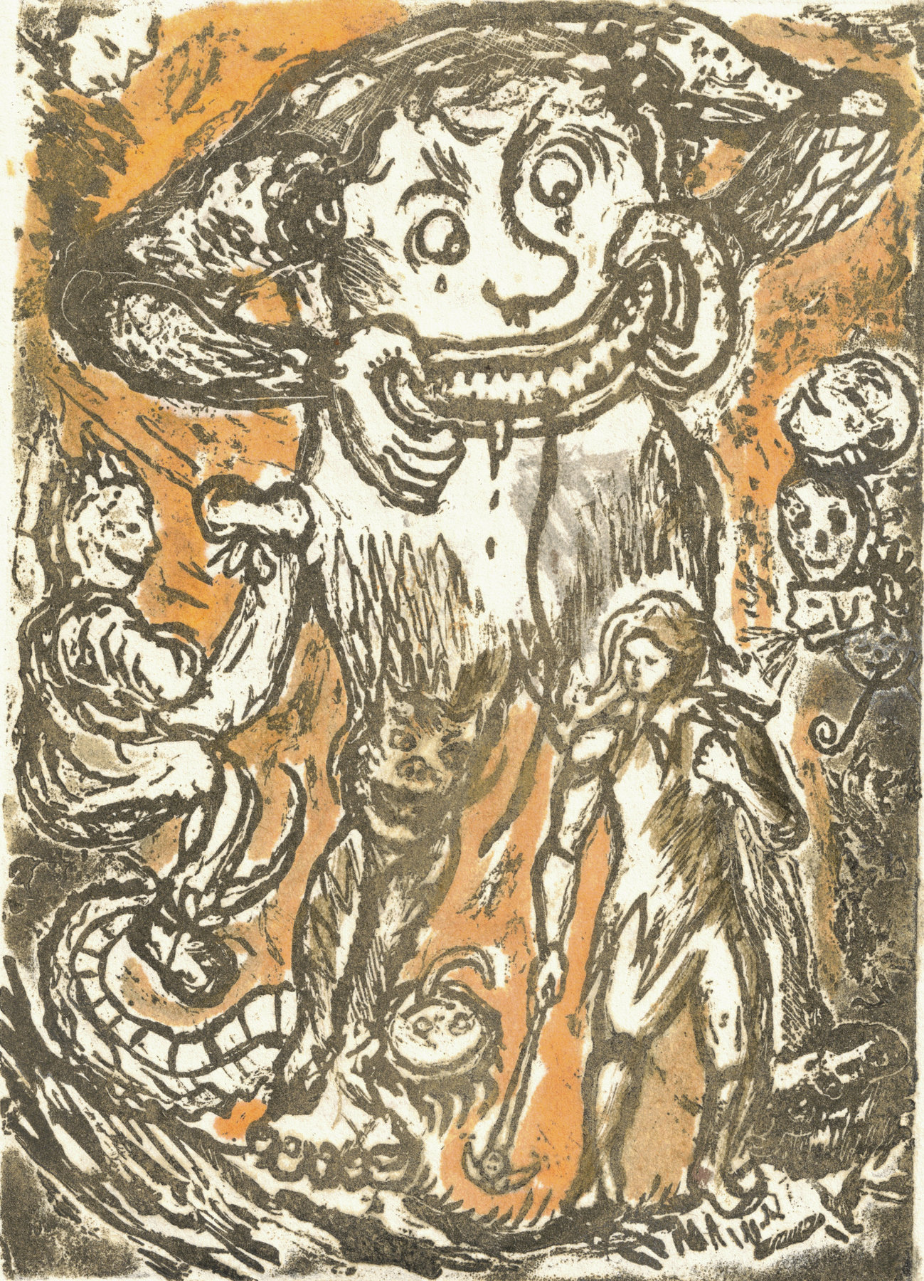 Oliver McConnie, Hunky Punk, relief etching, 18 x 13cm, 2015. Hand-coloured impression. Plate mark crop.