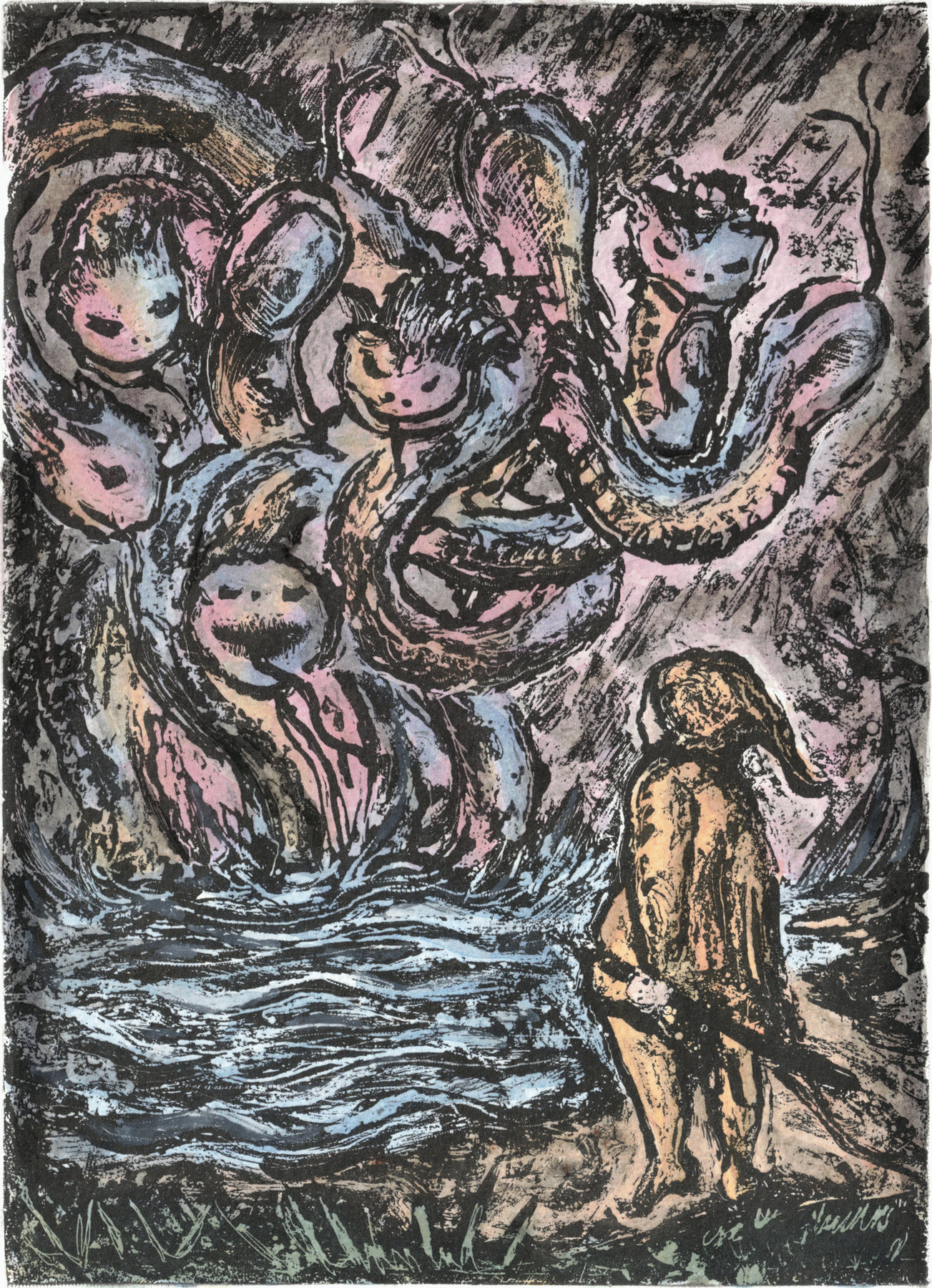 Oliver McConnie, Hydra, relief etching, 22 x 16cm, 2019. Plate mark crop.
