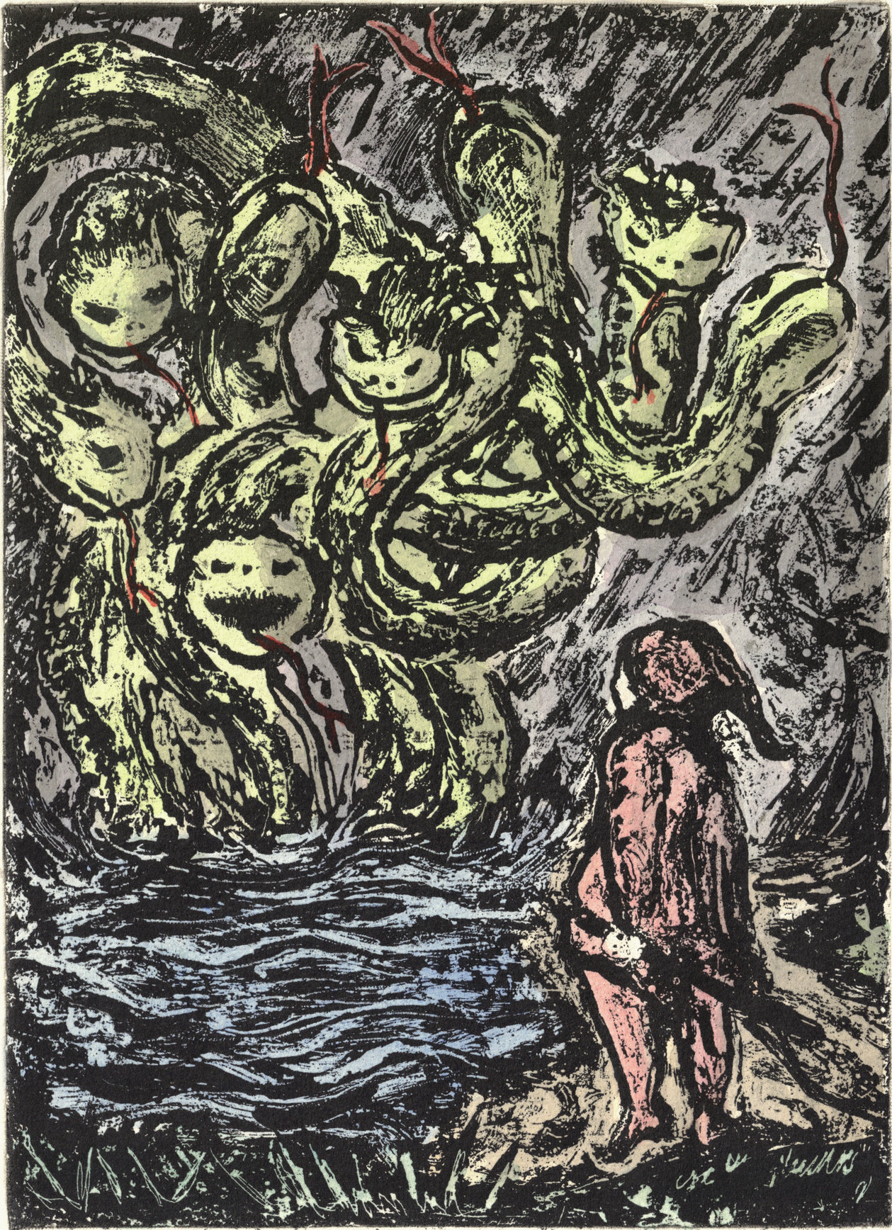 Oliver McConnie, Hydra, relief etching, 22 x 16cm, 2019. Plate mark crop.